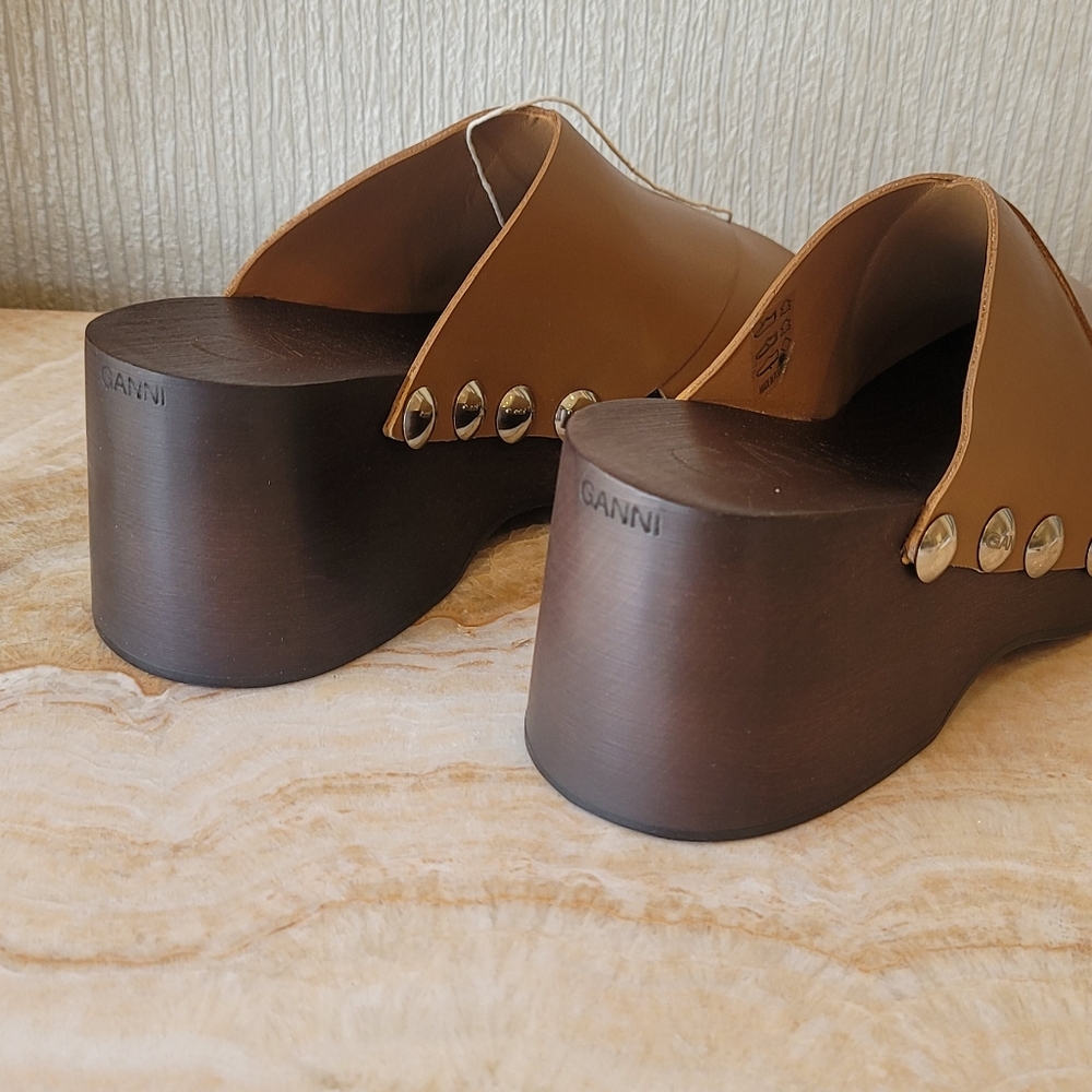 Final Price Ganni Retro Leather Platform Clogs Mules Sandal Tigers Eye MSRP $575 - Picture 14 of 17